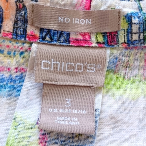 Chico's 100% Linen Novelty City Print Sz 3 Long Sleeve Button Down Front Blouse - Picture 8 of 15